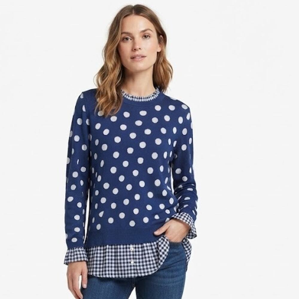 CROWN & IVY Polka Dot Layered-Look Sweater With Gingham Trim Large